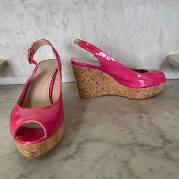 STUART WEITZMAN Jenny Fuchsia Peep Toe Sling Back Cork Wedge 6M - Picture 3 of 17